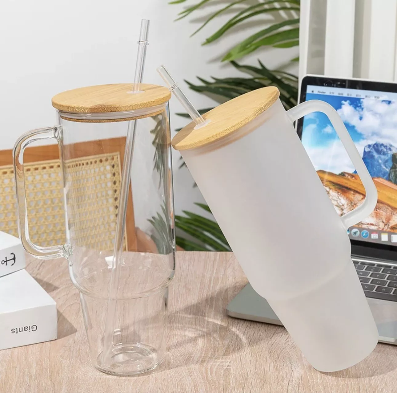 display-of-32-40oz-clear-frosted-sublimation-glass-mug-with-handle