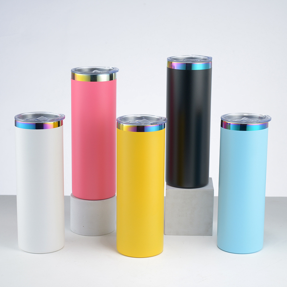 display-of-20oz-powder-coated-rainbow-plated-skinny-tumblers