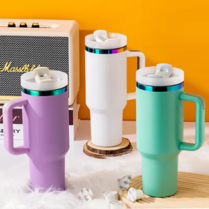 H2.0 40oz Powder Coated Travel Mugs with Rainbow Plated Rims display-2-of-h2.0-40oz-powder-coated-travel-mugs-with-rainbow-plated-rims