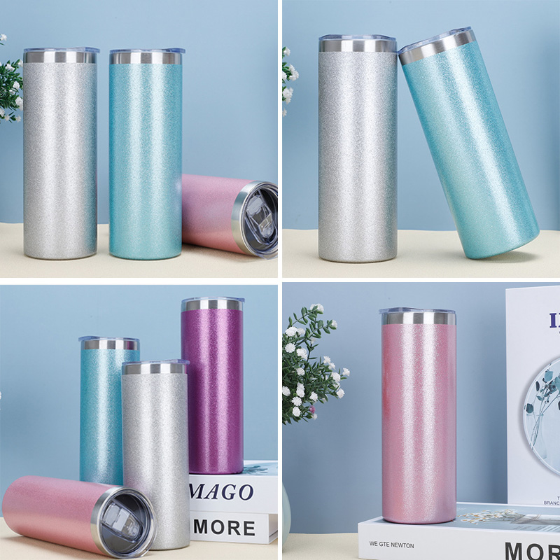 20oz Rough Glitter Straight Sublimation Skinny Tumbler with Silver Rim