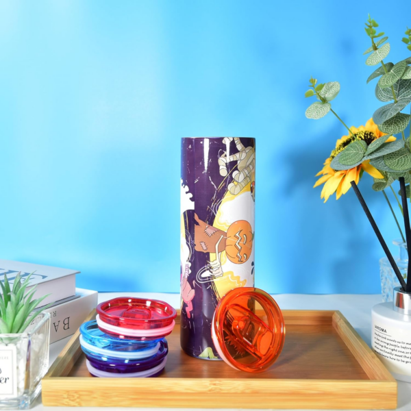 display-of-20oz-straight-sublimation-skinny-tumbler-with-colored-pp-lids
