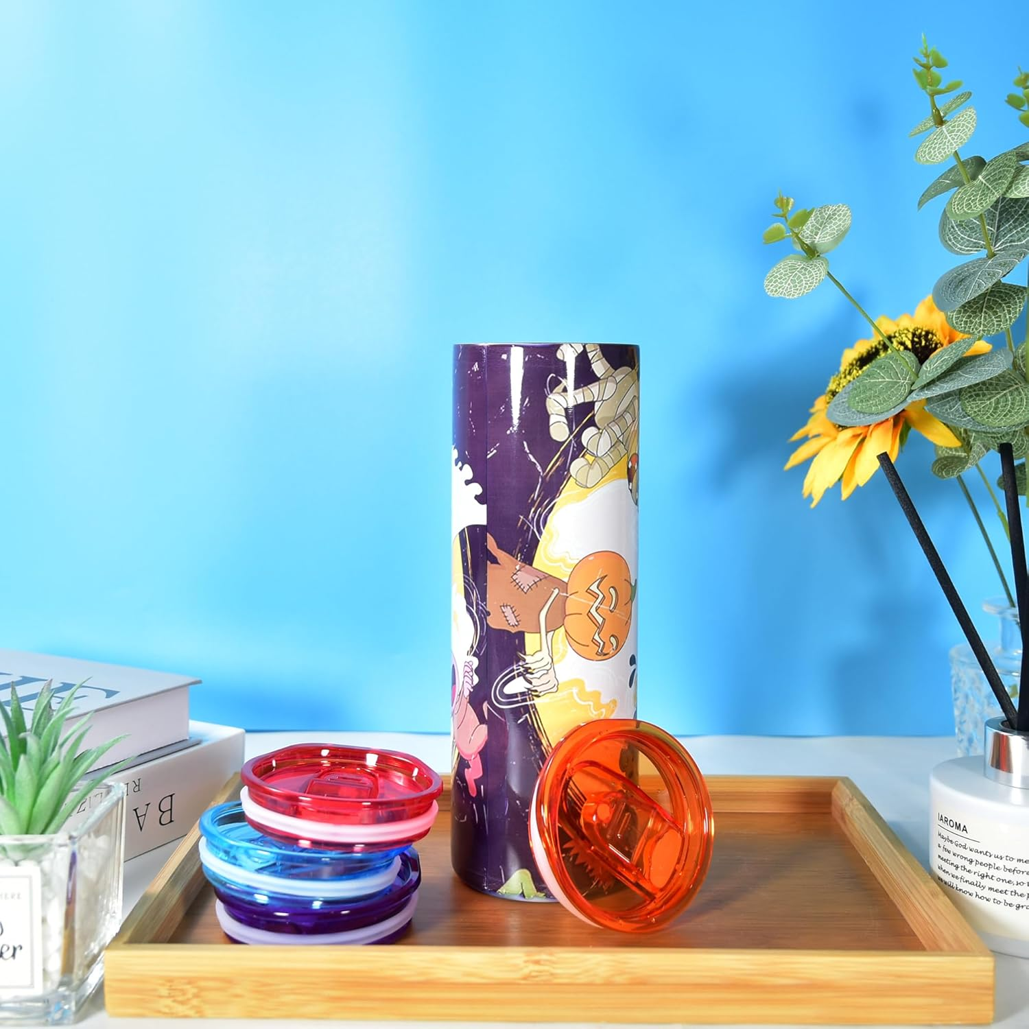 display-of-20oz-straight-sublimation-skinny-tumbler-with-colored-pp-lids