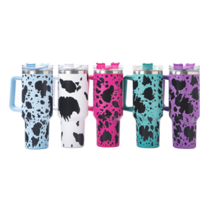 dispaly-of-stainless-steel-40oz-cow-print-sublimation-travel-mugs