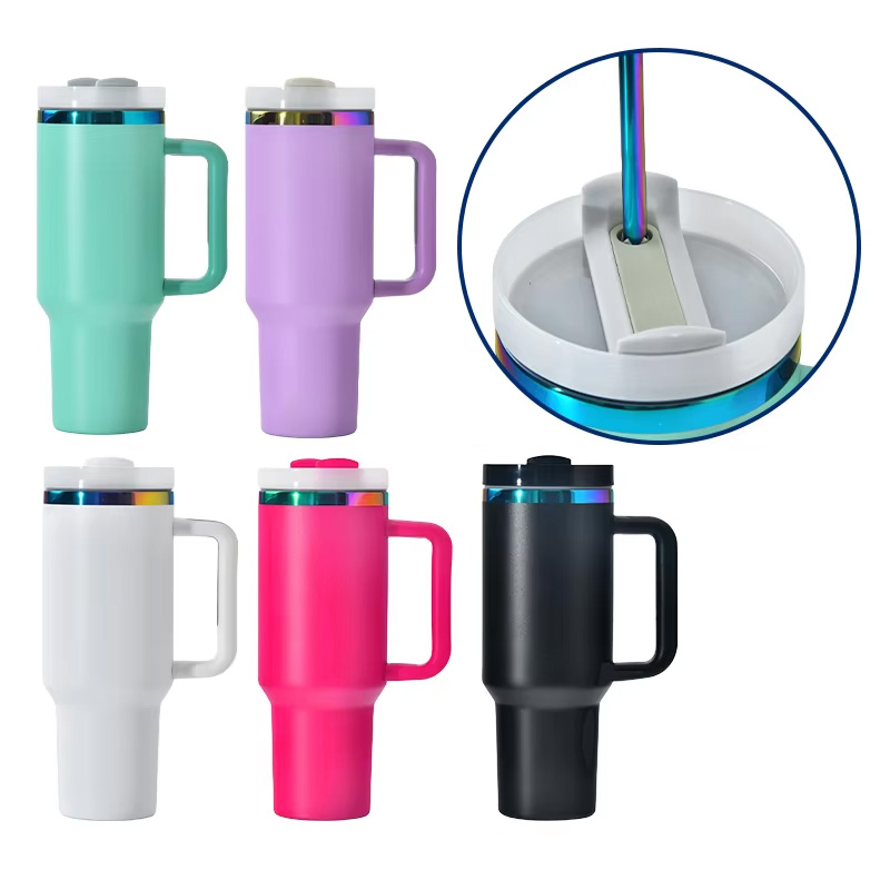 display-of-h2.0-40oz-powder-coated-travel-mugs-with-rainbow-plated-rims