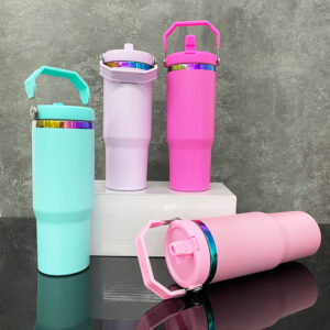 display-of-30oz-rainbow-plated-tumbler-with-portable-handle-and-straw-for-laser-engraving