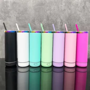 display-of-20oz-powder-coated-skinny-tumbler-with-music-player-&-colorful-straw