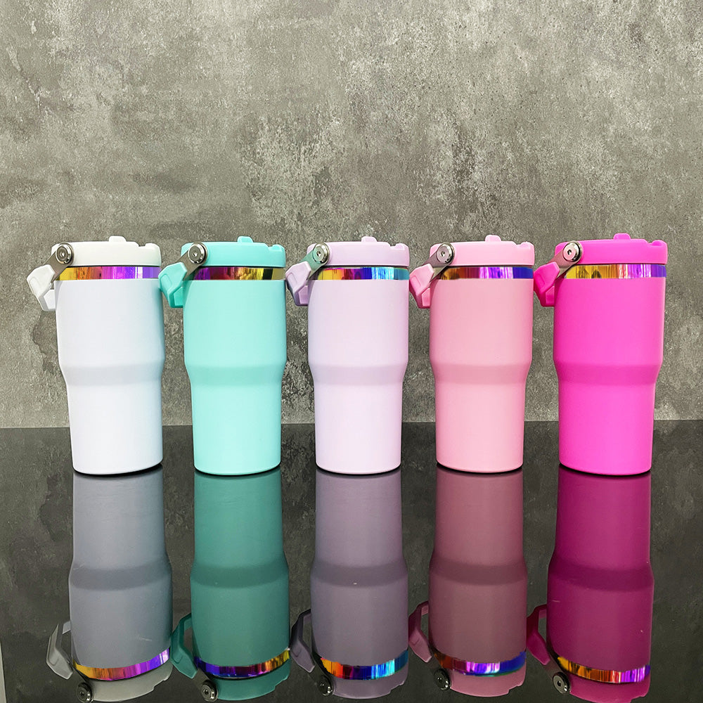 display-of-wholesale-20oz-rainbow-rim-powder-coated-mug-with-flip-straw