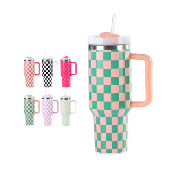 40oz Checkered Pattern Stainless Steel Mug with Handle H2.0