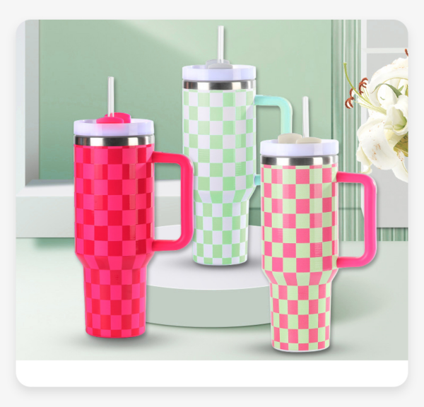 40oz Checkered Pattern Stainless Steel Mug with Handle H2.0