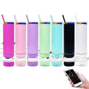 20oz Powder Coated Skinny Tumbler with Music Player & Colorful Straw