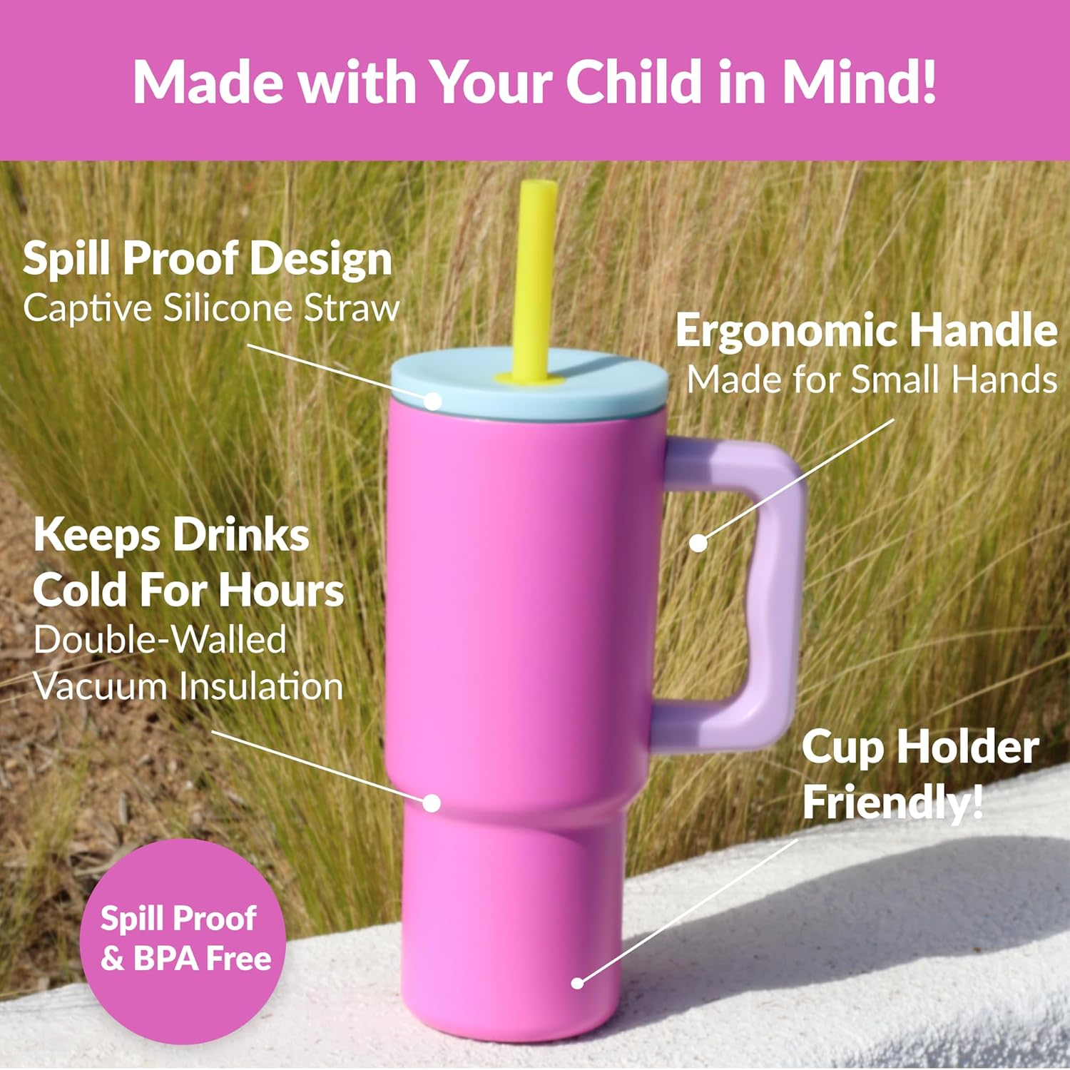 24oz Candy Colored Tumbler with Handle and Silicone Straw Lid