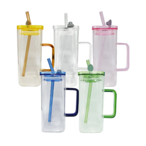 400ml Square Glass Cups with Colored Lids, Straws & Handle