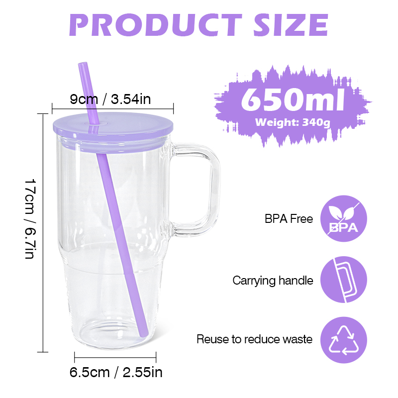 20oz Colored/Transparent/Frosted Glass Tumblers with handle & Plastic lid