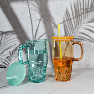 20oz Colored/Transparent/Frosted Glass Tumblers with handle & Plastic lid