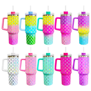 40oz Holographic Mermaid Print Tumbler Travel Mug with Handle