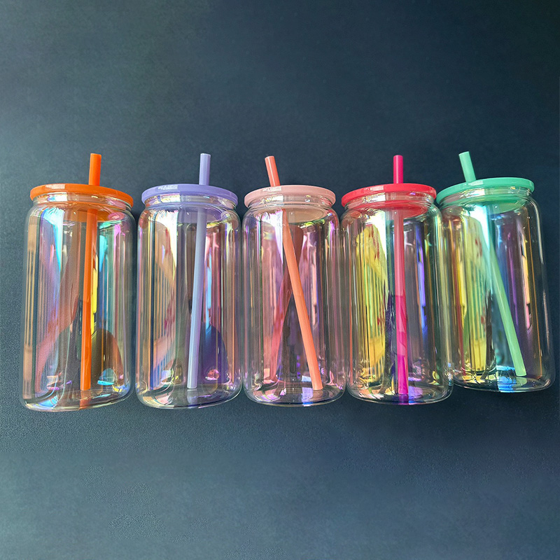 display-2-of-16oz-rainbow-plated-beer-glass-can-with-colored-lids-and-straws