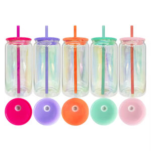 25Pcs 16oz Rainbow Plated Beer Glass Can with Colored Lids & Straws