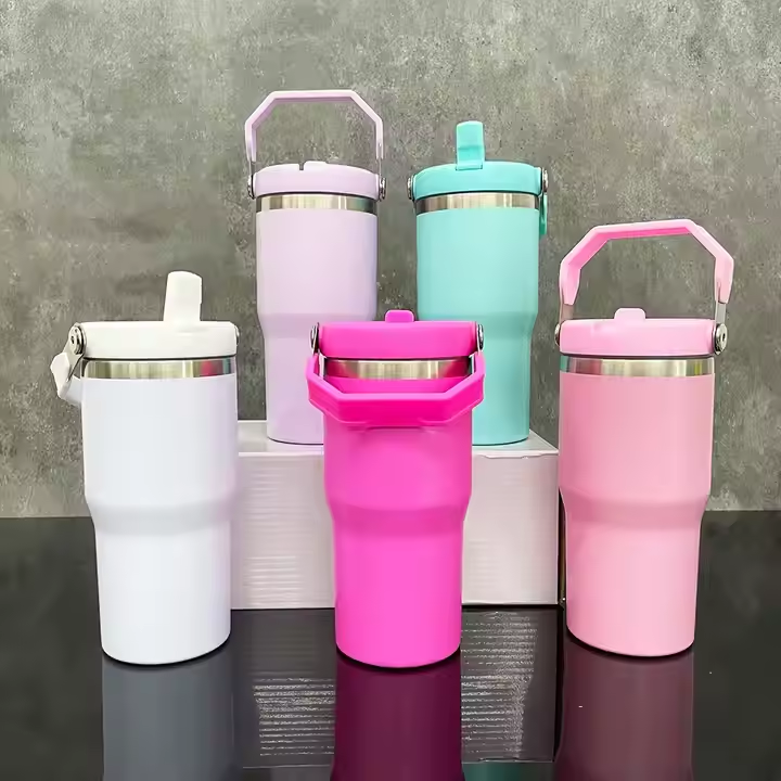 20oz Flip Straw Travel Mug with Silver Rim for Laser Engraving