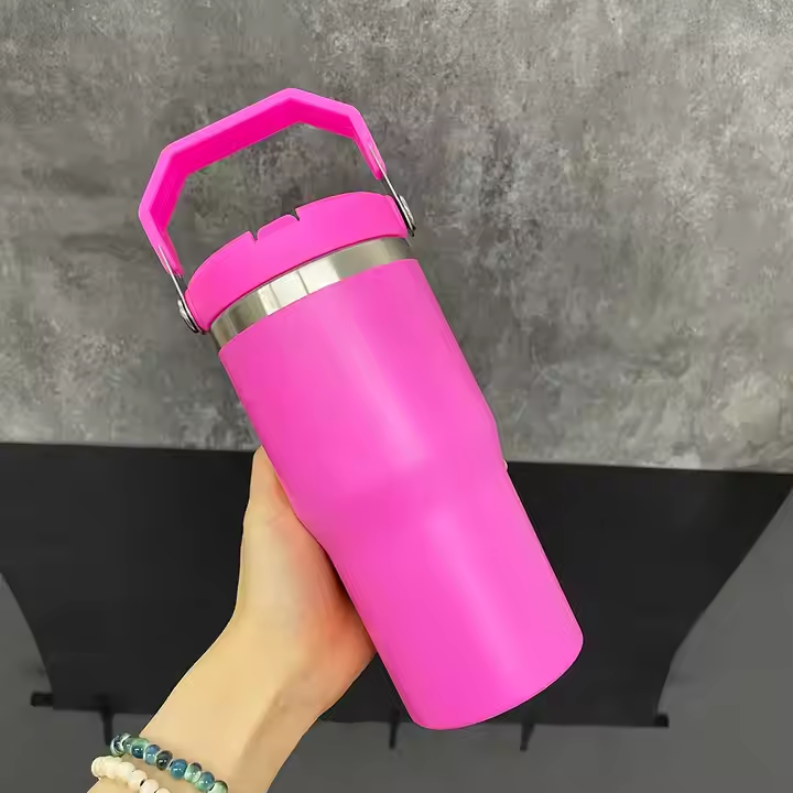 20oz Flip Straw Travel Mug with Silver Rim for Laser Engraving