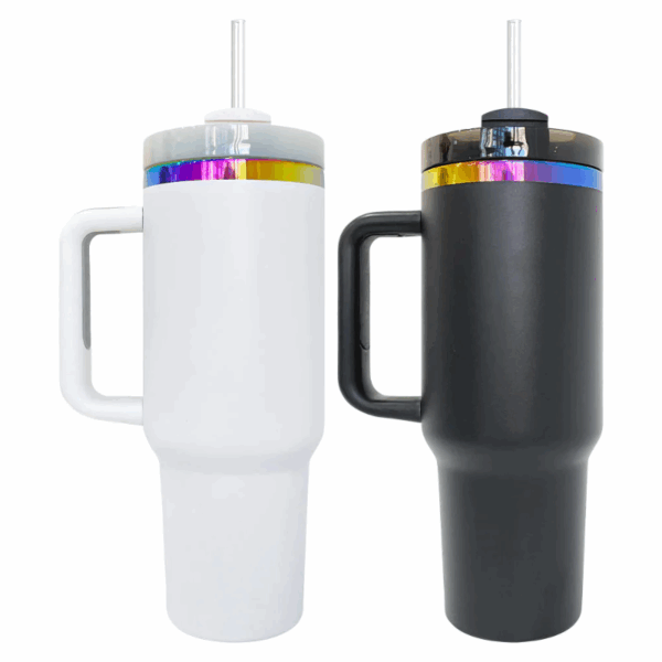 H2.0 40oz Powder Coated Travel Mugs with Rainbow Plated Rims