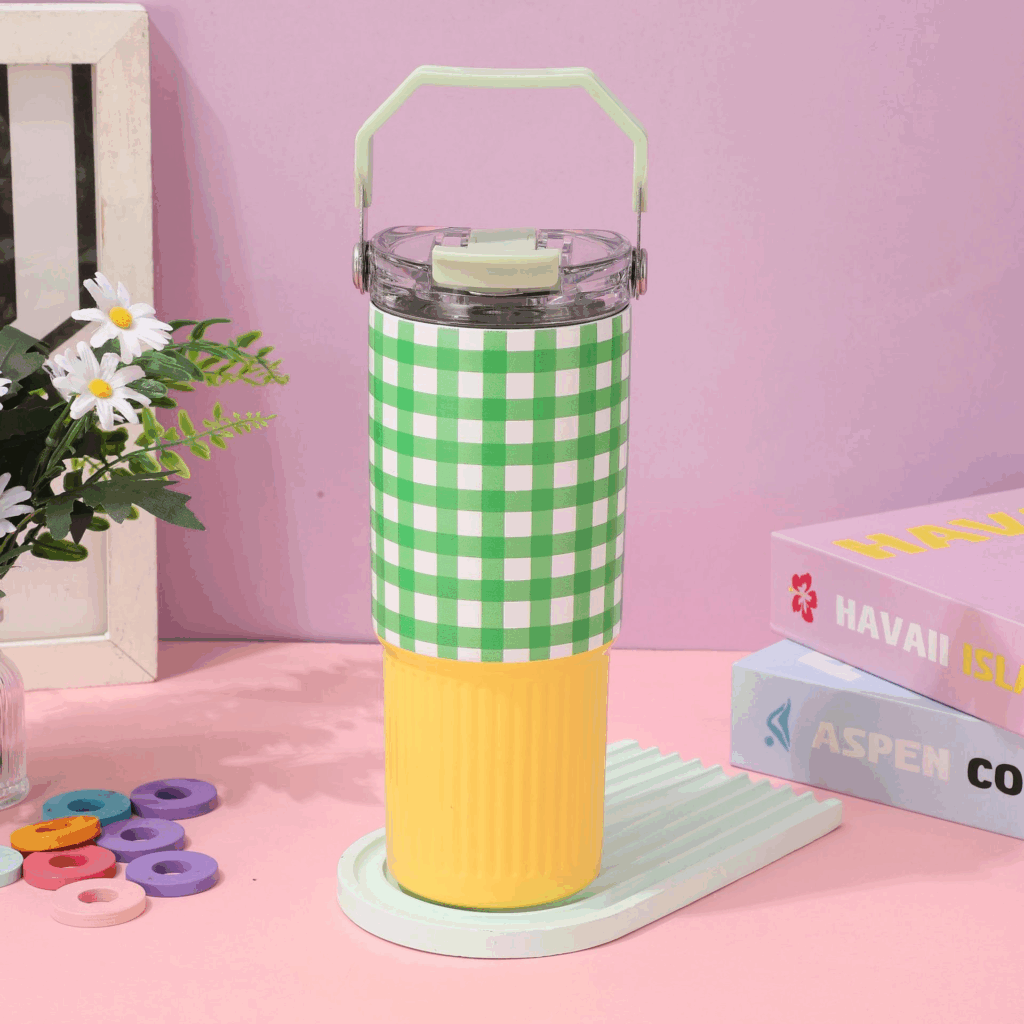 30oz-tumbler-304-green-yellow-stainless-steel-plaid-thermos-cup-with-handle