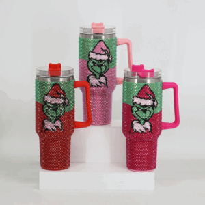 40oz Grinch Rhinestone bling Travel Mug with Handle 20pcs