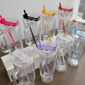 40oz Clear Acrylic Plastic Snow Globe Cups with Colored Lids & Straws