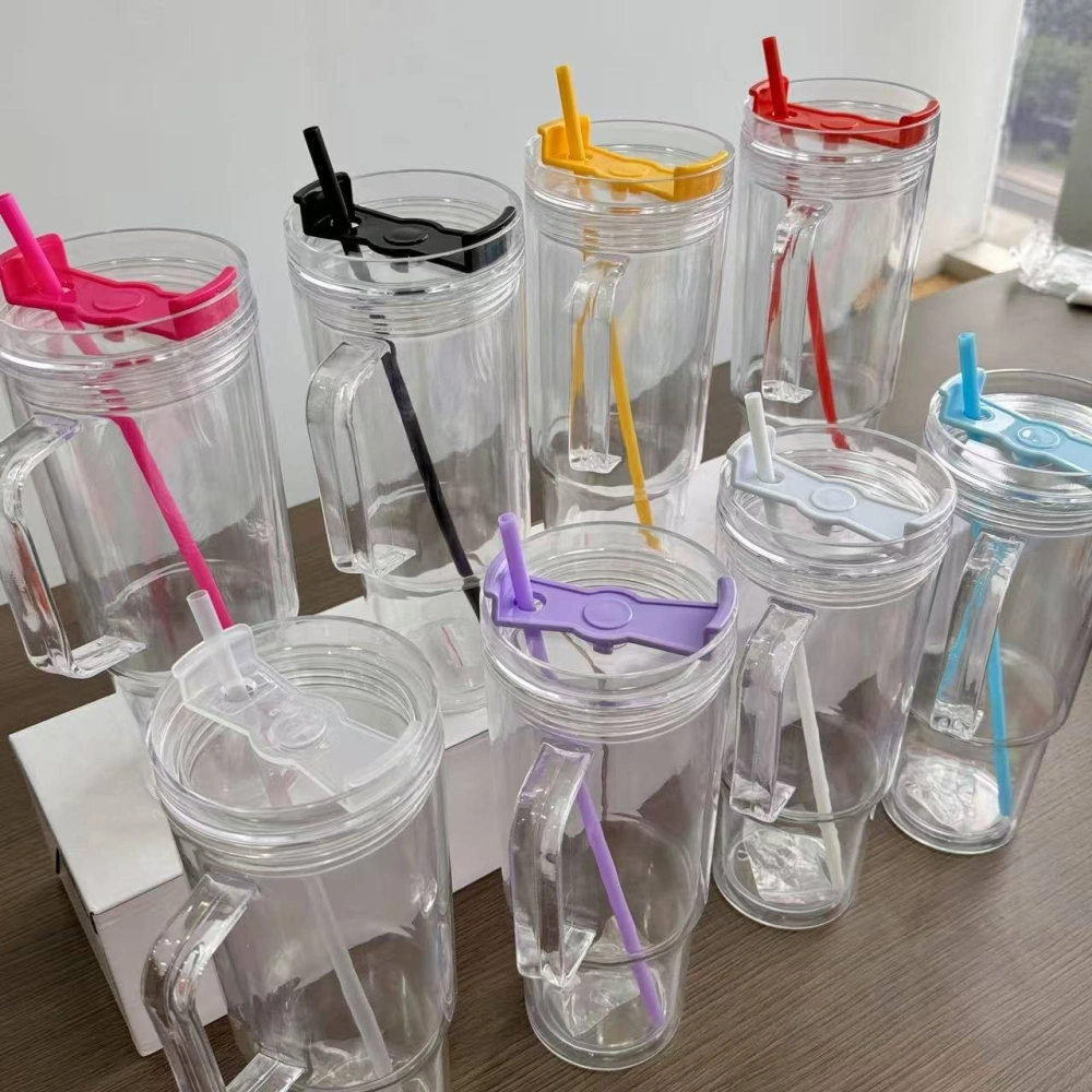 40oz Clear Acrylic Plastic Snow Globe Cups with Colored Lids & Straws