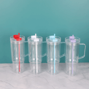 40oz Clear Acrylic Plastic Snow Globe Cups with Colored Lids & Straws