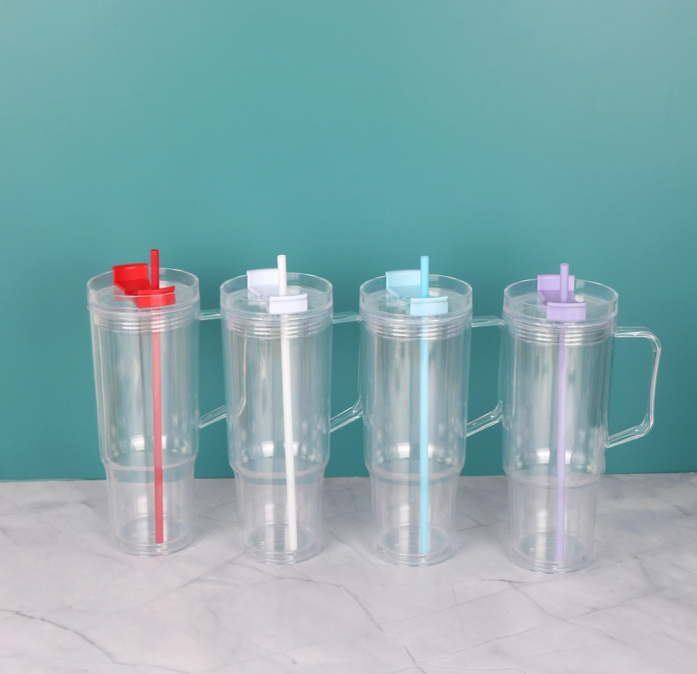 40oz Clear Acrylic Plastic Snow Globe Cups with Colored Lids & Straws