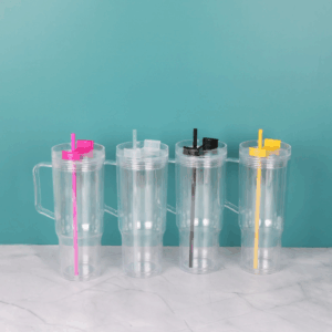 40oz Clear Acrylic Plastic Snow Globe Cups with Colored Lids & Straws