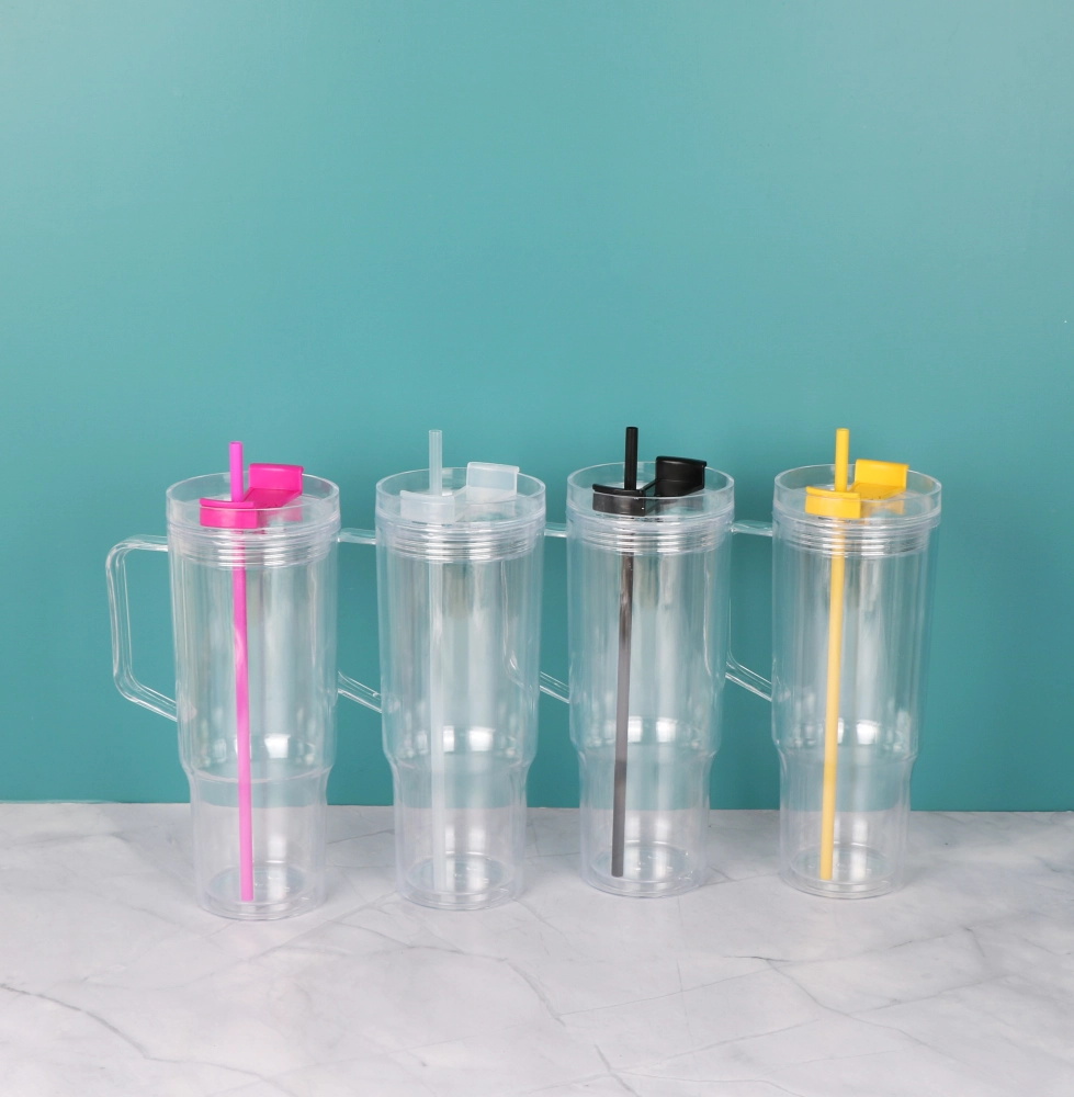 40oz Clear Acrylic Plastic Snow Globe Cups with Colored Lids & Straws