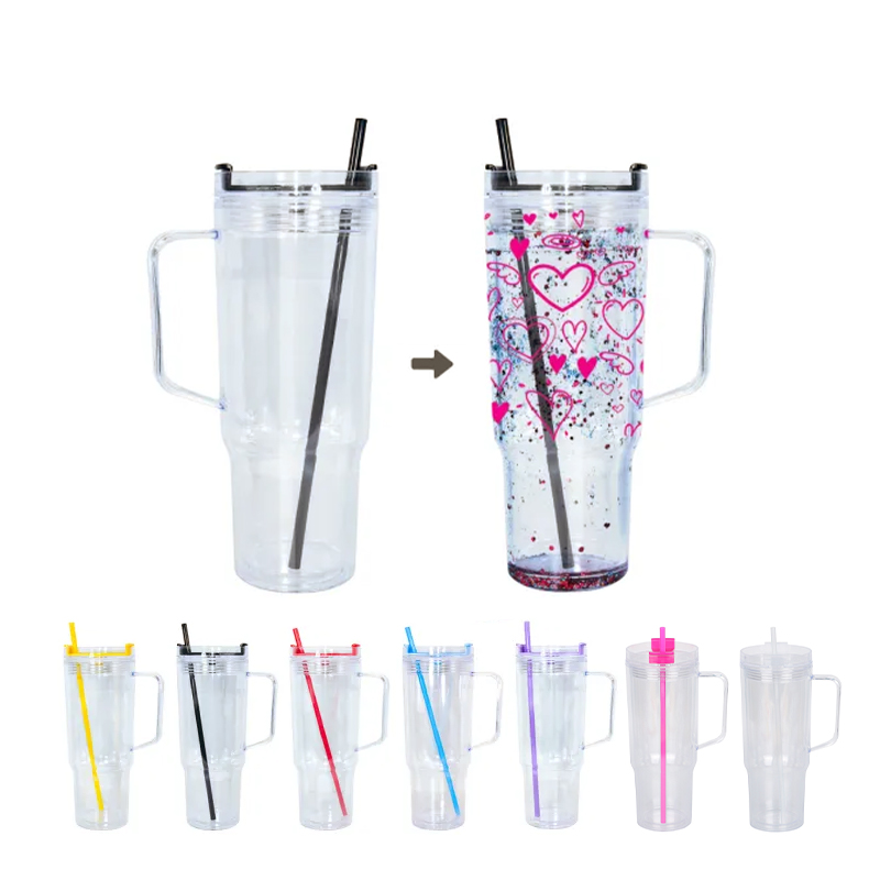 40oz Clear Acrylic Plastic Snow Globe Cups with Colored Lids & Straws
