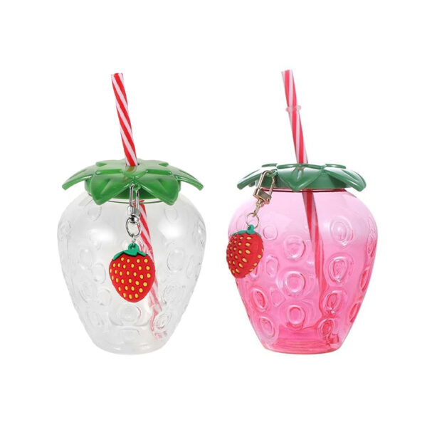 17oz Plastic Strawberry Shaped Water Bottle with Lids and Straws