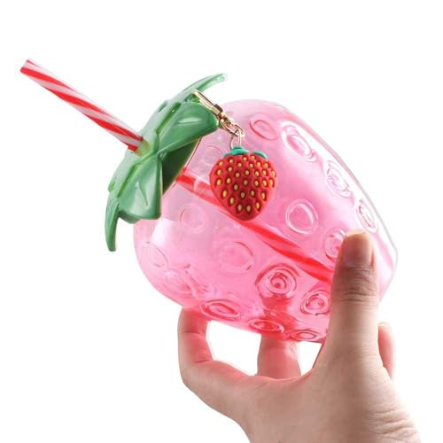 17oz Plastic Strawberry Shaped Water Bottle with Lids and Straws