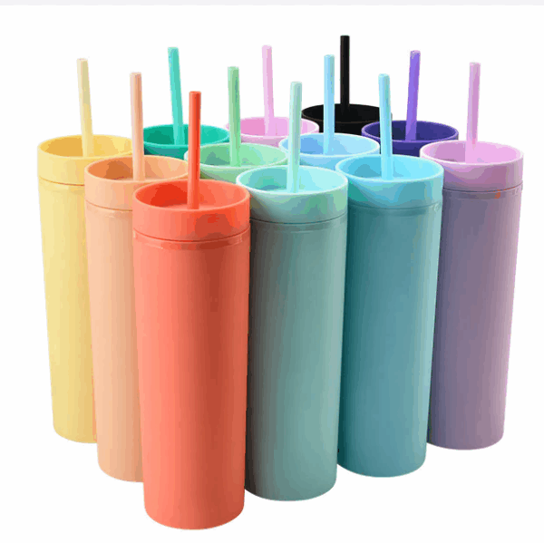 16oz Plastic Skinny Tumblers with Straw Double Wall 50pcs