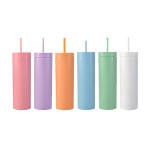 16oz Plastic Skinny Tumblers with Straw Double Wall 50pcs