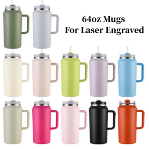 display-of-colored-64oz-powder-coated-tumblers-with-handle-for-laser-engraving