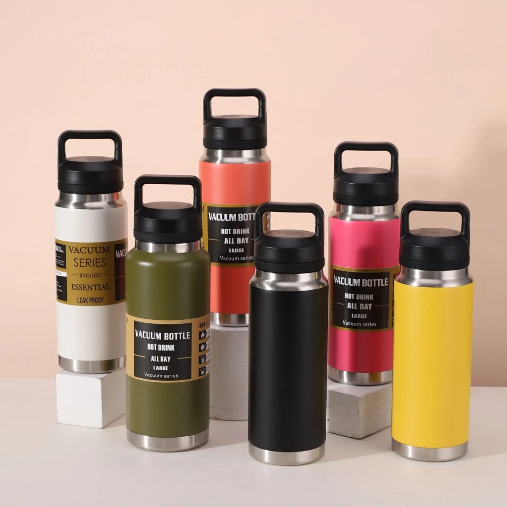 display-of-bulk-18/27/37oz-yeti-style-powder-coated-water-bottles-with-flip-straw-and-chug-cap-lids
