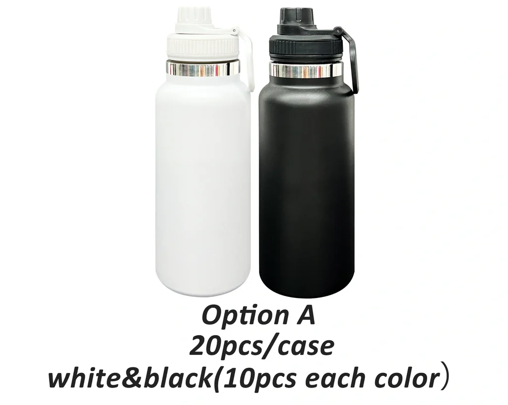 black-&-white-32oz-powder-coated-water-bottle-with-portable-drinking-spout-lid