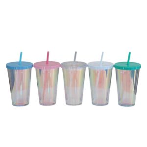 500ml Iridescent Plastic Cups with Lids and Straws